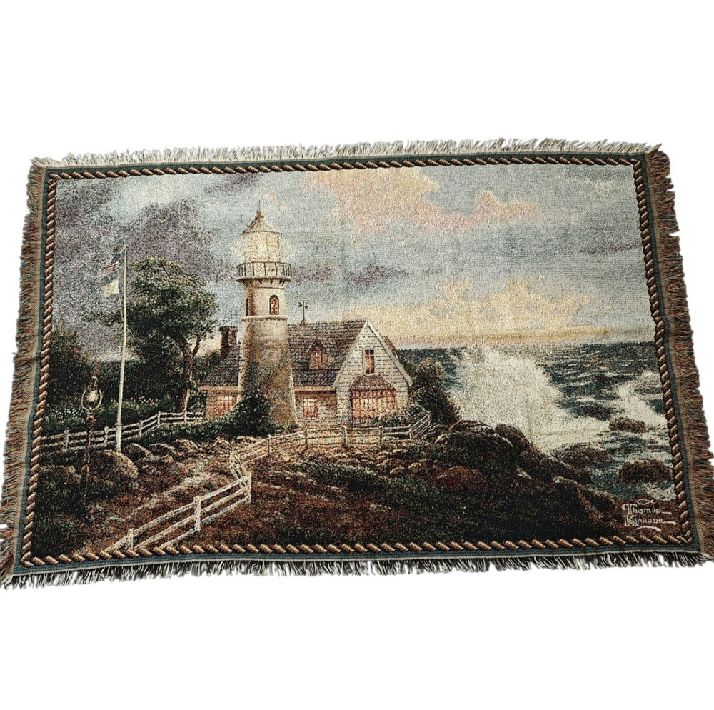 Thomas Kinkade Fringed Throw Blanket Tapestry Wall Hanging Lighthouse Coastal